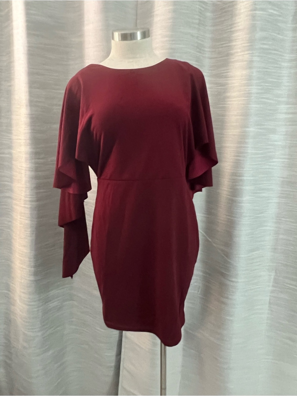 SHEIN Burgundy Long Sleeve Ruffle Sheath Dress